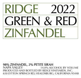 Ridge Napa Valley Ridge  Red Green & Zinfandel