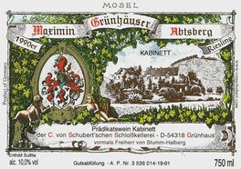 Maximin Prädikatswein Mosel Grünhäuser Gutsabfüllung - A. P. Nr . 3 536 014-19-91 Kabinett Der C. Von Schubert'schen Schloßkellerei - D - 54318 Grünhaus ! Vormals Freiherr Von Stumm - Halberg Kabinett Abtsberg Riesling