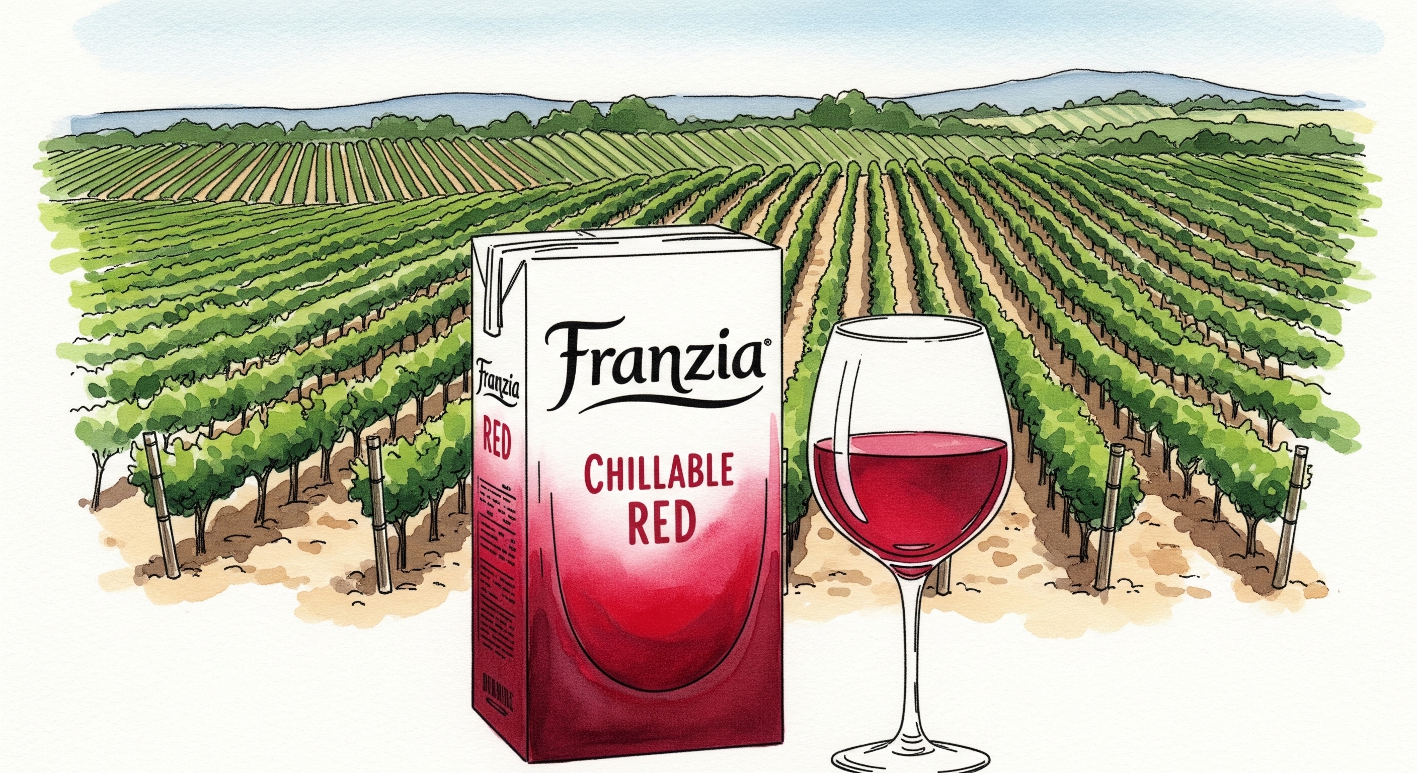 Illustration of a box of Franzia Chillable Red, red grapes, and a glass of red wine.