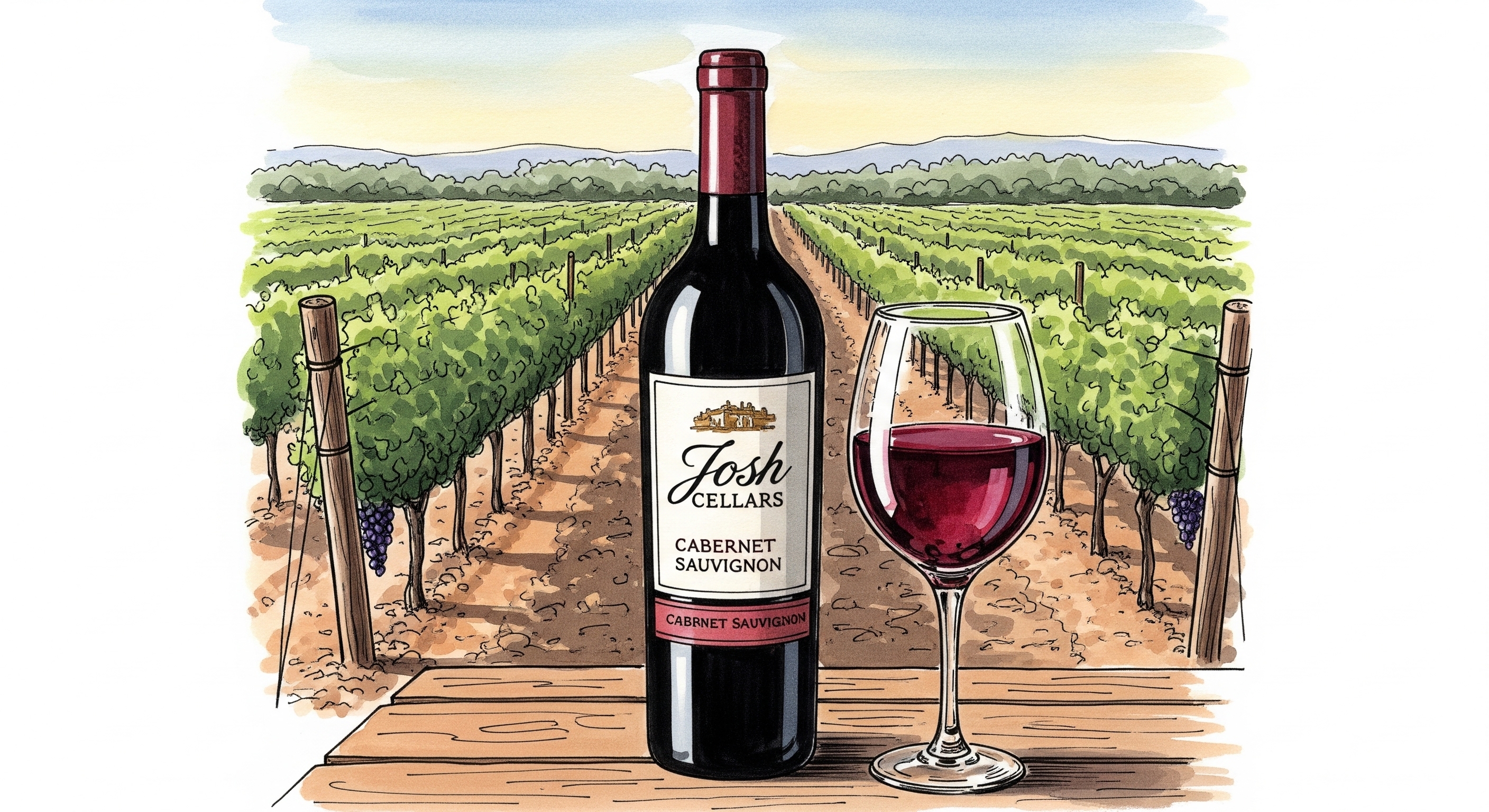 Illustration of a bottle of Josh Cellars red wine, red grapes, and a glass of red wine.