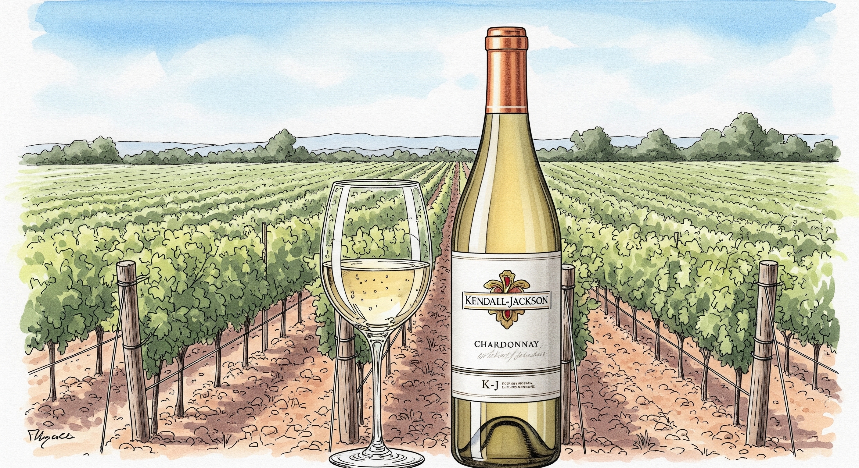 Illustration of a bottle of Kendall-Jackson white wine, red grapes, and a glass of red wine